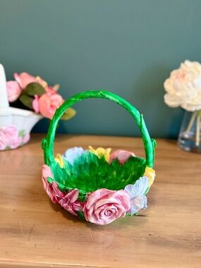 Vintage Floral Ceramic Basket Spring Easter Decor Handled Planter